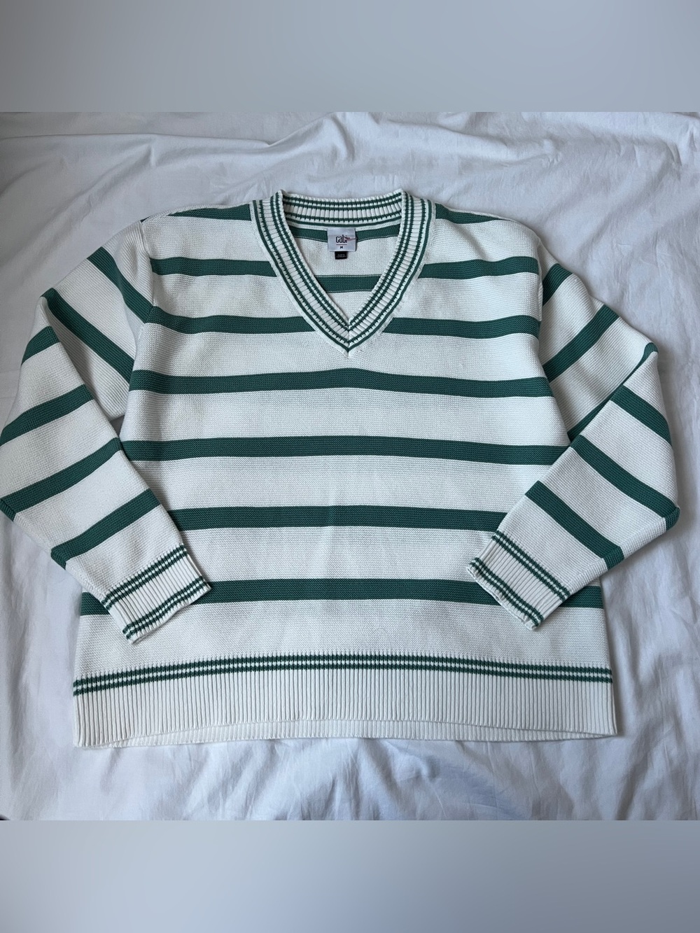 Cabi Green Cream Striped V-Neck Knit Sweater Size Medium Preppy